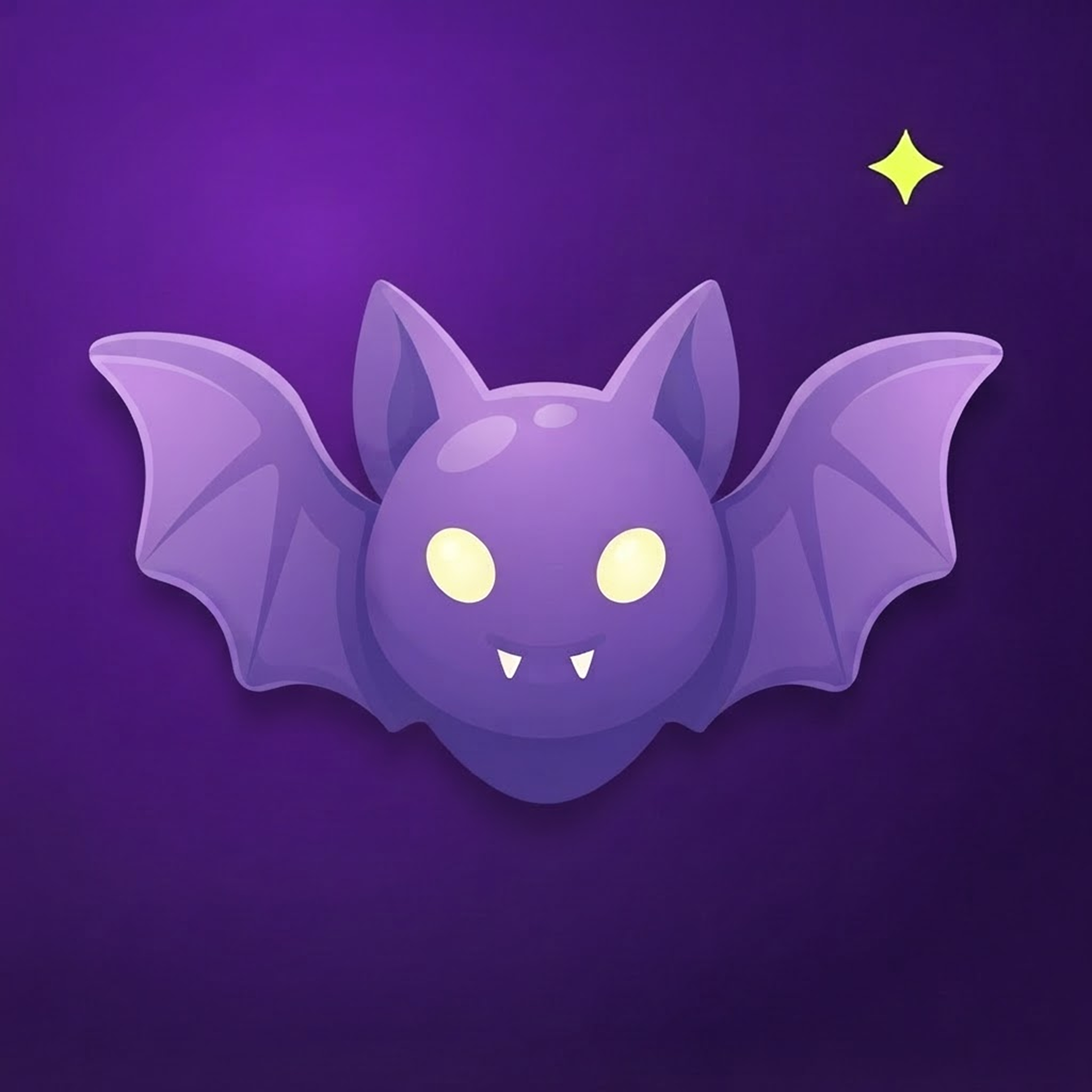 A friendly purple bat with bright yellow eyes and tiny fangs
