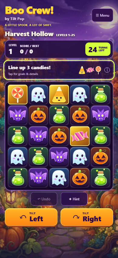 Harvest Hollow puzzle with pumpkin, bat, potion and ghost tiles, and tilt left and right controls