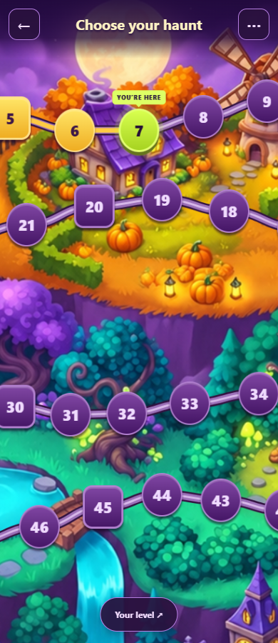 A colorful winding level trail through autumn villages and a magical purple forest